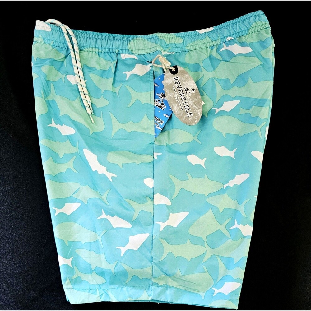 ISLANDIA CO SWIM BOARD SHORTS TRUNKS Men XL REVERSIBLE POCKETS AOP FISH TEAL NWT